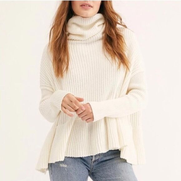 Free People cream layered cake cowl neck ribbed oversized sweater - Picture 1 of 9